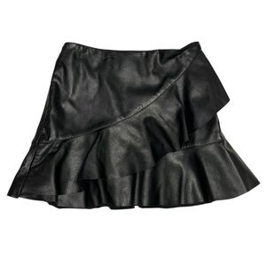 Dex Black Asymmetrical Ruffled Faux Leather Mini Skirt